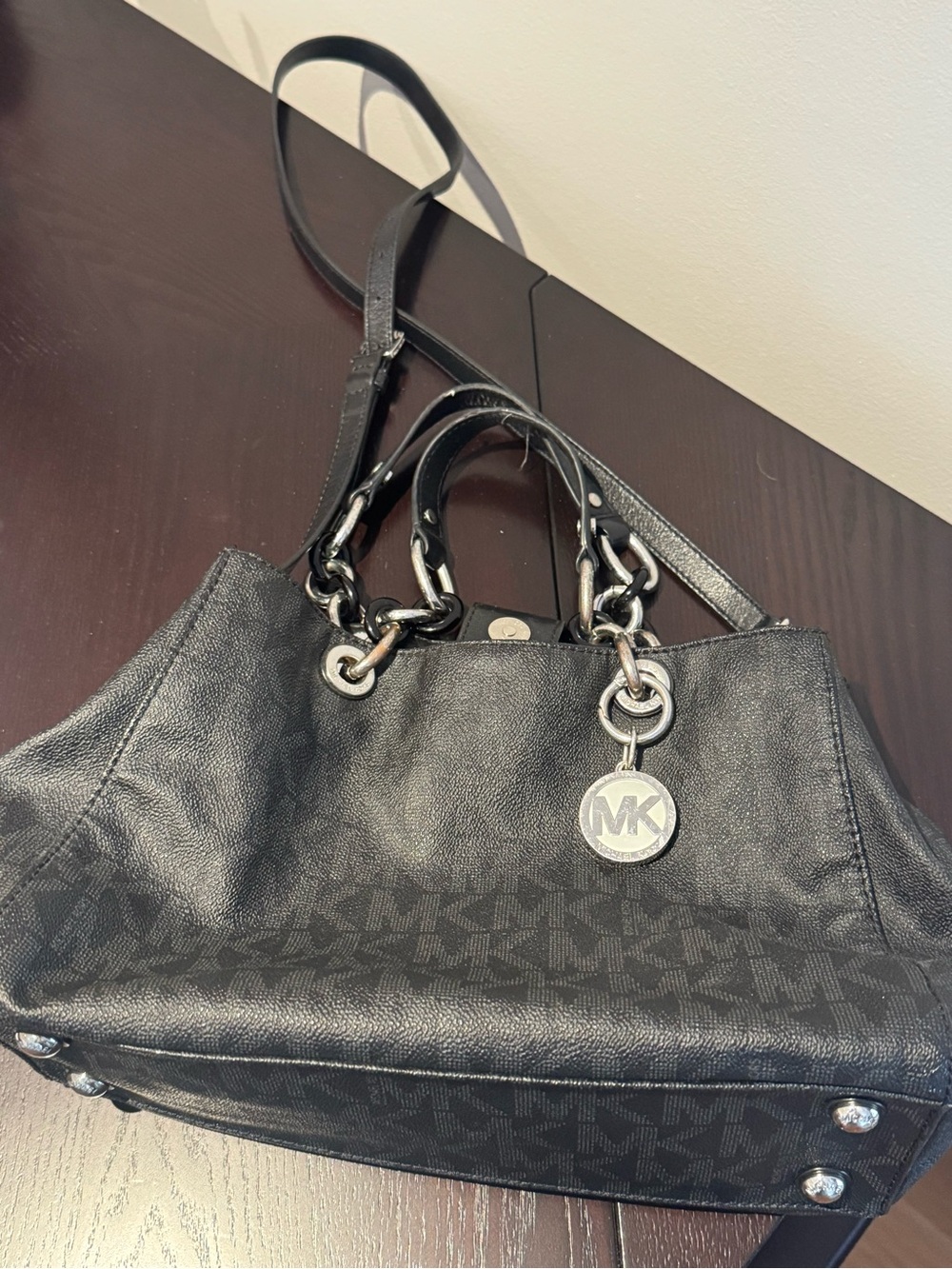 Michael Kors Black Logo Shoulder Satchel with MK Charm